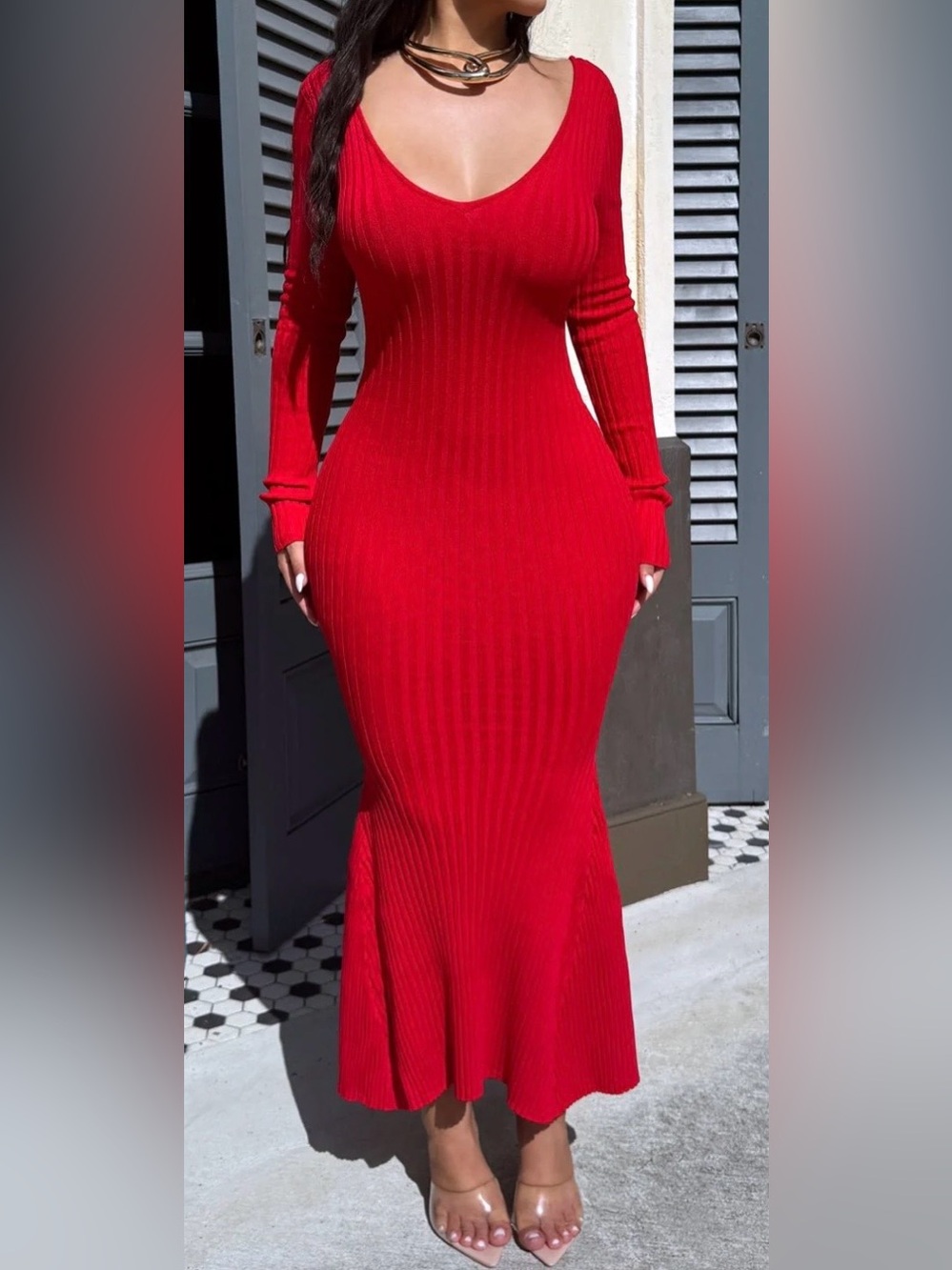 Hot Miami Styles RED RIBBED KNIT LONG SLEEVES MERMAID DRESS